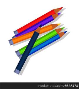Colorful pencils mixed in pile vector illustration isolated on white background. Color crayon school stationery equipment in flat style. Colorful Pencils Mixed in Pile Vector Illustration