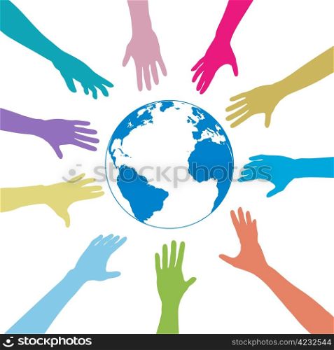 Colorful people hands reach out to a blue globe.