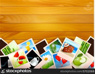 Colorful photos on wooden background. Vector illustration.