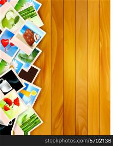 Colorful photos on wooden background. Vector illustration.