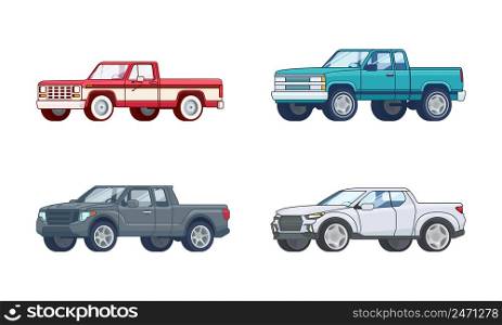 Colorful pickup truck models collection of modern design in flat style on white background isolated vector illustration. Colorful Pickup Truck Models Collection