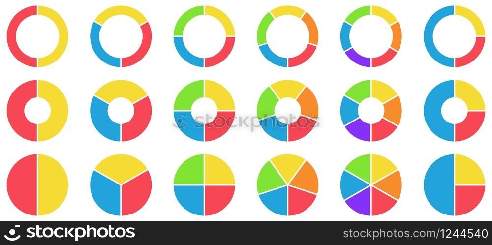 Colorful pie and donut charts. Circle chart, circle sections and round donuts chart pieces. Business infographic vector set. Piechart information template for business workflow and annual reports. Colorful pie and donut charts. Circle chart, circle sections and round donuts chart pieces. Business infographic vector set
