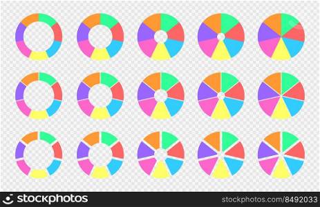 Colorful pie and donut charts divided in 7 sections. Circle diagrams, infographic wheels set. Round shapes cut in seven equal parts isolated on transparent background. Vector flat illustration.. Colorful pie and donut charts divided in 7 sections. Circle diagrams, infographic wheels set. Round shapes cut in seven equal parts 