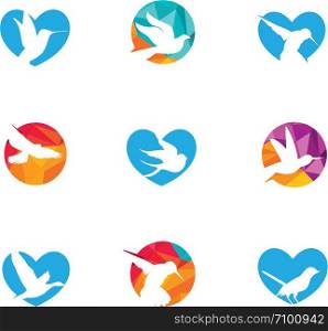 colorful pigeon illustration in heart, hawk, dove humming bird vector logo design