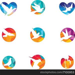 colorful pigeon illustration in heart, hawk, dove humming bird vector logo design