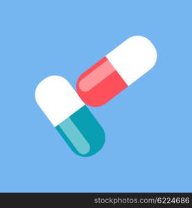 Colorful pills design flat icon. Pill and capsule, tablet isolated, medicine drugs, pharmacy and antibiotic, vitamin health and medical painkiller, care healthy vector illustration