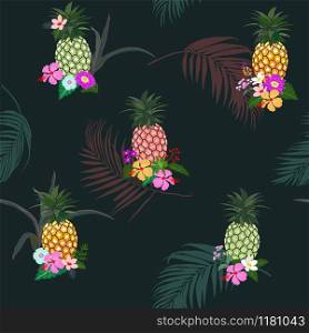 Colorful pineapple with tropical flowers and leaves seamless pattern on dark summer night background,vector illustration