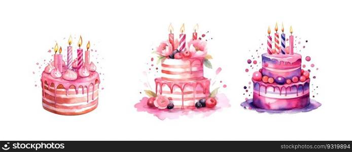 Colorful pink birthday cake watercolor in vintage style on white background. Hand drawn vector poster. Wedding invitation poster.