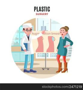 Colorful plastic surgery template with doctor and female patient before augmentation breast medical operation vector illustration. Colorful Plastic Surgery Template