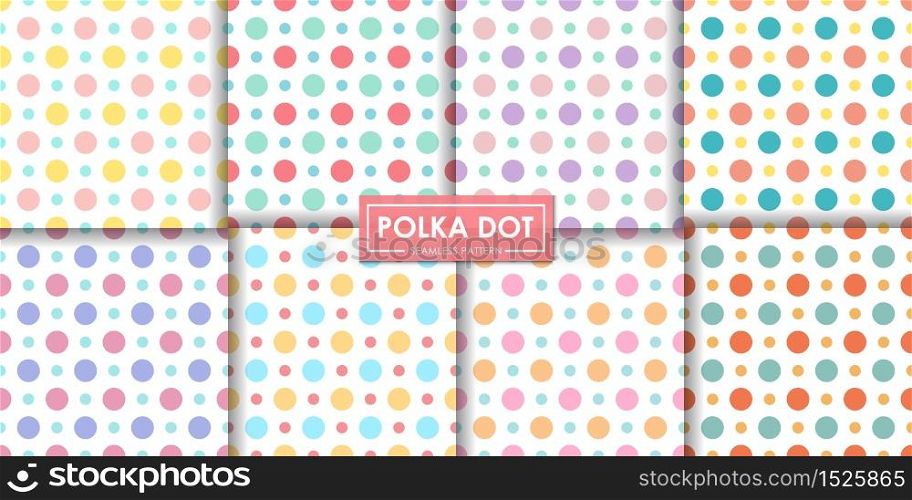 Colorful polka dot seamless pattern set, Abstract background, Decorative wallpaper.