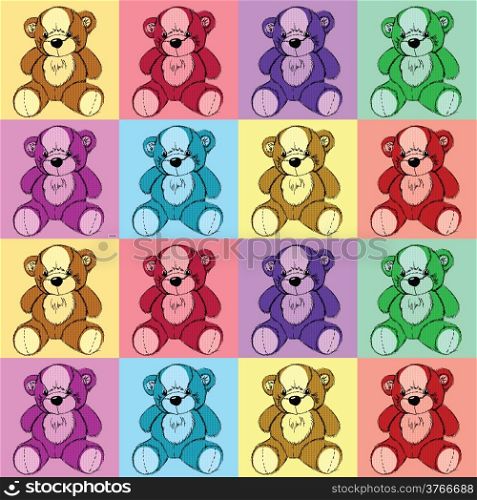 Colorful pop art style hand drawn bear pattern.