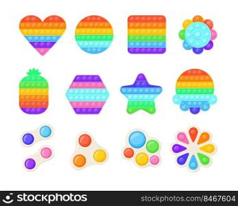 Colorful pop it and simple dimple toy vector illustrations set. Popular sensory fidget toys of different shapes, rainbow colored antistress gadgets, games for kids. Toys, relaxation, anxiety concept