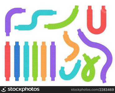 Colorful pop tubes. Different shapes bended kids sensory toys, trendy antistress flexible elements, corrugated plastic pipes, straight and bent colored elements, vector cartoon flat style isolated set. Colorful pop tubes. Different shapes bended kids sensory toys, trendy antistress flexible elements, corrugated plastic pipes, straight and bent colored elements, vector cartoon flat set