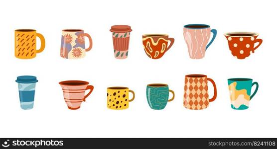Colorful porcelain coffee and tea cup cartoon illustration set. Ceramic mugs for matcha, different beverages and drinks with cute Scandinavian patterns flat vector set. Crockery, kitchen, cafe concept