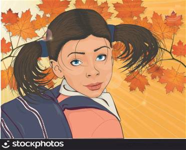 Colorful portrait of a little happy girl in bright day. She is going to the school with the big blue backpack. She is surrounded by yellow leaves of maple tree.