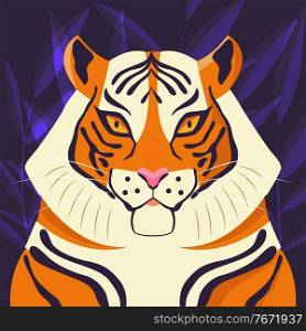 Colorful portrait of beautiful tiger on purple background. Hand drawn wild animal. Big cat. 
