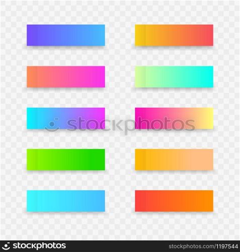 Colorful post note stickers. Sticky colourful note template with gradient on transparent background. Vector sticky paper tapes with shadow for business office or child reminder. Colorful post note stickers. Sticky note template with gradient on transparent background. Vector sticky tapes with shadow