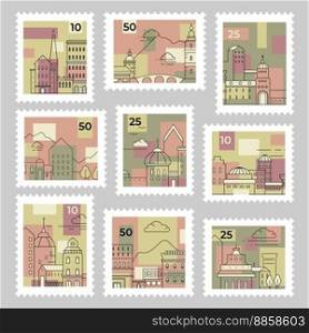 Colorful postage st&set with line architecture. Post mark collection with city landmark elements, vector illustration. Urban building facade at postal sticker template design. Colorful postage st&set with line architecture