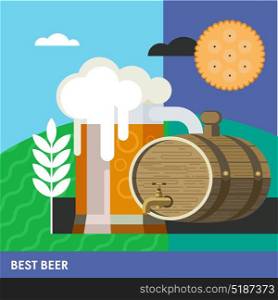 Colorful poster. Mug of beer and a keg of beer. The best beer. Eco-friendly products.