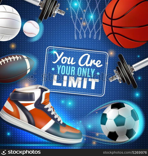 Colorful Poster With Sport Inventory. Sport inventory colorful poster with basketball soccer rugby tennis balls and sneaker vector illustration
