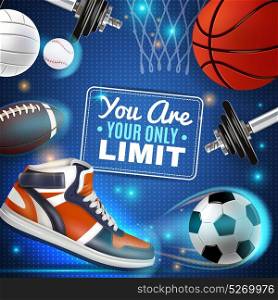 Colorful Poster With Sport Inventory. Sport inventory colorful poster with basketball soccer rugby tennis balls and sneaker vector illustration