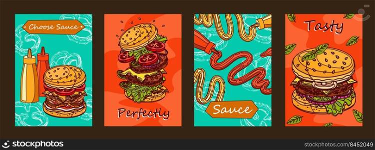 Colorful posters design with burger and sauce. Vivid brochures for fast food cafe or restaurant. Unhealthy meal and nutrition concept. Template for promotional leaflet or flyer