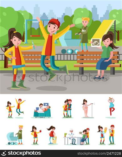 Colorful pregnant woman lifestyle composition with different situations and various procedures during pregnancy vector illustration. Colorful Pregnant Woman Lifestyle Composition
