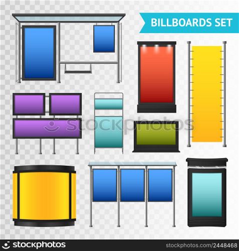 Colorful promotional billboards set with various displays and boxes isolated on transparent background vector illustration. Colorful Promotional Billboards Set