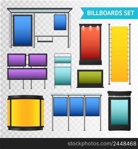Colorful promotional billboards set with various displays and boxes isolated on transparent background vector illustration. Colorful Promotional Billboards Set