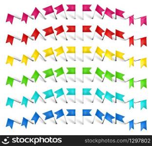 Colorful pushpin, pin flag and thumbtack. Color location mark pin, red flags and realistic pins vector set. Stationery items. Plastic paperwork and sewing accessories. Collection needles illustration. Colorful pushpin, pin flag and thumbtack. Color location mark pin, red flags and realistic pins vector set