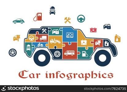 Colorful puzzle car infographic with the shape of an SUV filled with icons depicting fuel, tools, wheel, travel, battery, oil, security, sedan, pump and van which also surround the car on the outside. Colorful car infographic