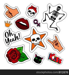 Colorful quirky funny patches with skeleton, rose, skull and lips on white background. Vector stickers or badges set. Colorful quirky funny patches