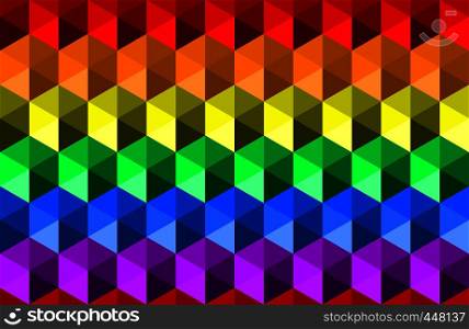 Colorful rainbow texture background of hexagon shapes, horizontal seamless pattern, LGBTQ (lesbian, gay, bisexual, transgender, and questioning) pride flag colors. Flat design vector illustration.