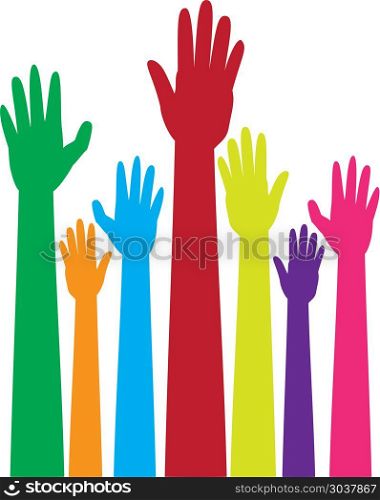 Colorful Raised Hands. Cartoon colorful raised hands, volunteer, voting concept.