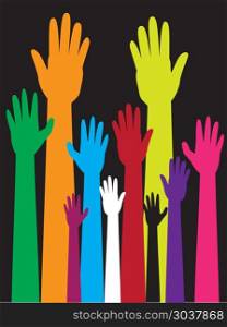 Colorful Raised Hands. Cartoon colorful raised hands, volunteer, voting concept.