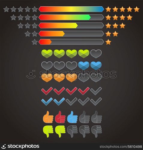 Colorful rating evaluation icons set of stars check marks hearts isolated vector illustration