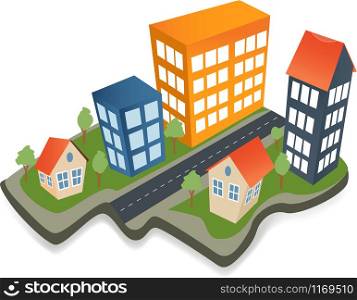 Colorful real estate, city icons Isometric icons, city building, structure, trees Isometric town buildings.Real estate background template