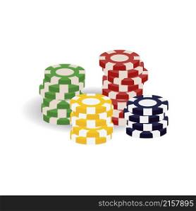 Colorful realistic casino tokens, gaming cheques, or checks for table game of chance, gambling (blackjack, roulette, bet etc). Round red, yellow, green, black 3D casino chips in stacks, piles