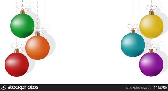 Colorful realistic Christmas tree balls on white background. New Year or Christmas background with Christmas decorations and space for text. Modern background design.. Colorful realistic Christmas tree balls on white