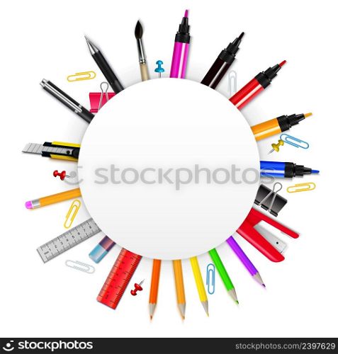 Colorful realistic frame in form of circle with various stationery items on white background vector illustration. Stationery Realistic Frame