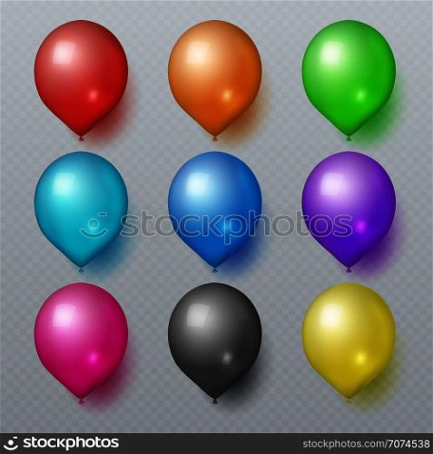 Colorful realistic rubber balloons for birthday holiday decoration vector set. Color air balloon for birthday party celebrate illustration. Colorful realistic rubber balloons for birthday holiday decoration vector set