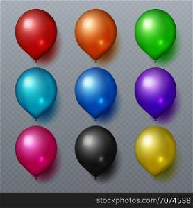 Colorful realistic rubber balloons for birthday holiday decoration vector set. Color air balloon for birthday party celebrate illustration. Colorful realistic rubber balloons for birthday holiday decoration vector set