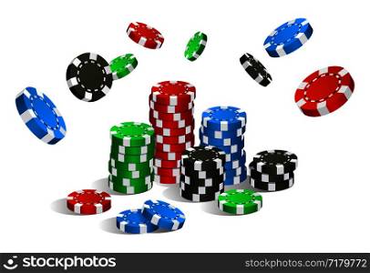 Colorful red, green, blue and black casino chips flying and stack isolated on white background, gambling game concept, vector illustration. Colorful red, green, blue and black casino chips flying and stack isolated