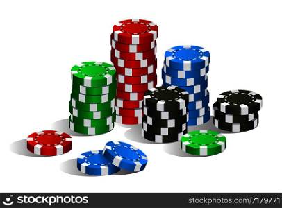 Colorful red, green, blue and black casino poker chips stack isolated on white background, gambling game concept, vector illustration. Colorful red, green, blue and black casino chips stack isolated