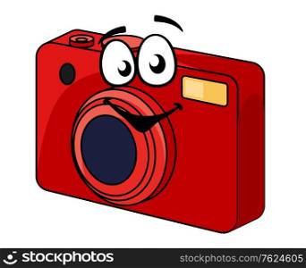 Colorful red point and shoot compact camera with a happy smiling face, cartoon illustration isolated on white