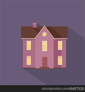 Colorful Residential Cottage in Violet Colors.. Two stored country house isolated. Exterior home icon symbol sign. Colorful residential cottage in violet colors. Part of series of modern buildings in flat design style. Real estate concept. Vector