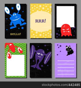 Colorful retro funny cards set with cute monsters. Templates for birthday, anniversary, party invitations, scrapbooking. Vector illustration collection. Colorful retro funny cards set with cute monsters. Templates for birthday, anniversary, party invitations, scrapbooking.