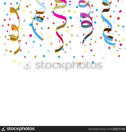 Colorful ribbons and confetti background. Greeting card template. Vector illustration.