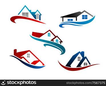 Colorful roof of houses with swoosh as the symbol of real estate business isolated over white background