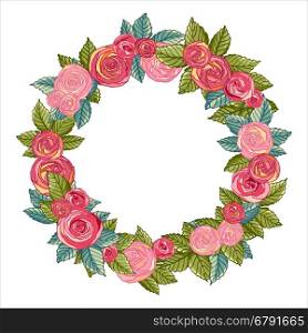Colorful Roses Beautiful Wreath. Isolated Vector Illustration.